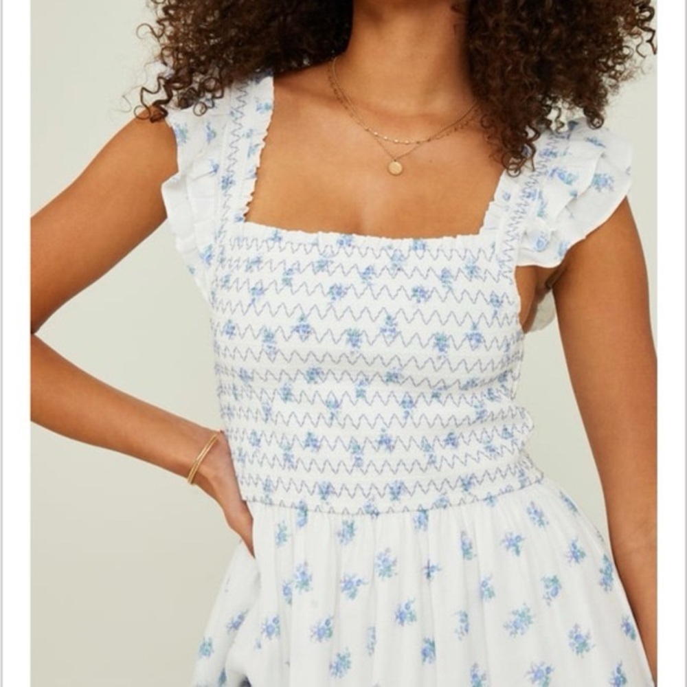Altar'd State White Midi Dress with Blue Floral Pattern